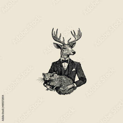 vintage engraving illustration of an anthropomorphic stag in a tuxedo, holding a large mouse or rat