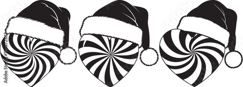 Three peppermint candy christmas hats with santa hat toppers silhouette