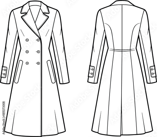 Vector technical flat sketch of long double-breasted coat with lapel collar, cuff details, tailored silhouette, structured design, and elegant outerwear style.