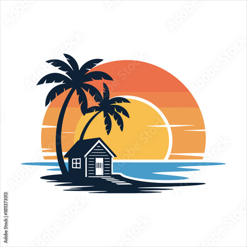 Tropical beach hut sunset scene
