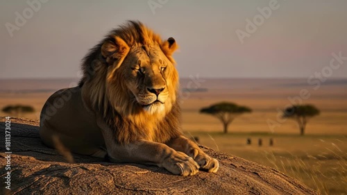 Majestic lion on savannah rock captures sunset glow in serene african landscape