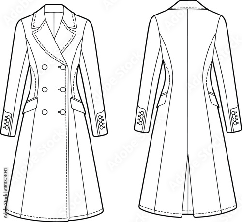 Vector technical flat sketch of long double-breasted tailored coat featuring lapel collar, button details, structured silhouette, sleeve accents, and elegant fashion design.