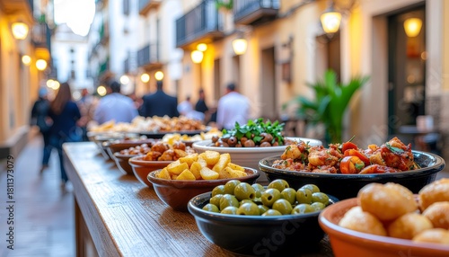 Fototapeta Naklejka Na Ścianę i Meble -  Abundant Tapas Display: Spanish Street Food Feast in Warm Light