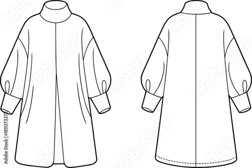 Vector technical flat sketch of oversized women’s coat featuring high funnel collar, balloon sleeves, wide cuffs, minimal outerwear design fashion template.