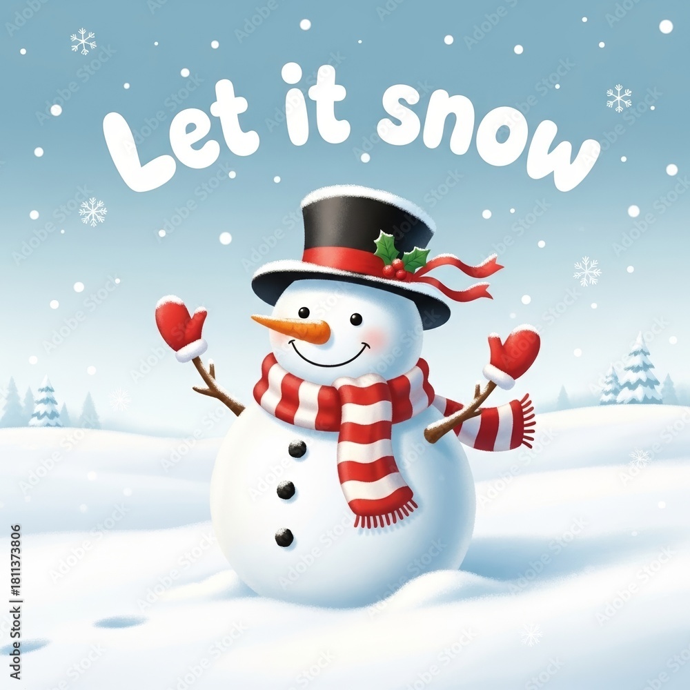 Fototapeta premium Let it Snow greeting card - cheerful snowman in top hat and scarf standing in snowy forest. Falling snowflakes, pine trees, joyful and cozy winter.