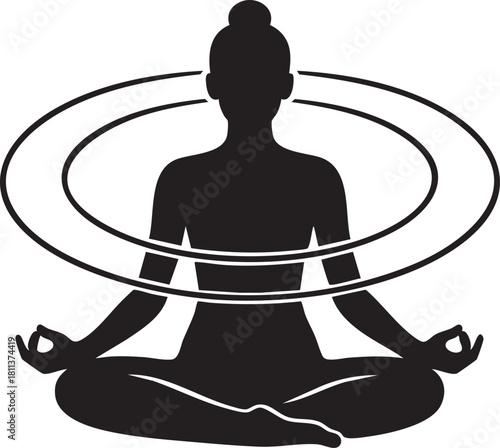 Meditation pose with cosmic energy rings silhouette vector