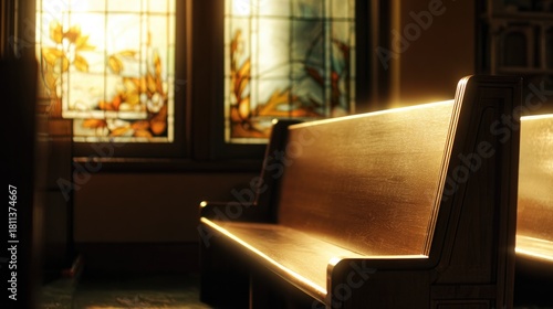 pew. A serene church interior with warm light highlighting a wooden pew and stained glass window. event programs, museum guides, designed for cultural heritage projects and event programs.