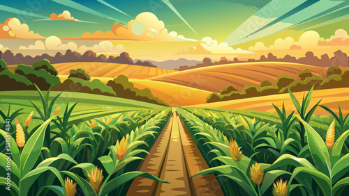 Very beautiful scenic view of a vast corn farm field during summer harvest in rural Ukraine, showing endless green rows, soft warm sunlight, and peaceful agricultural scenery without any time-specific