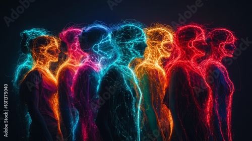 A vibrant display of silhouettes glowing in electric colors. Each figure represents individuality and creativity. Explore the intersection of technology and art. Generative AI