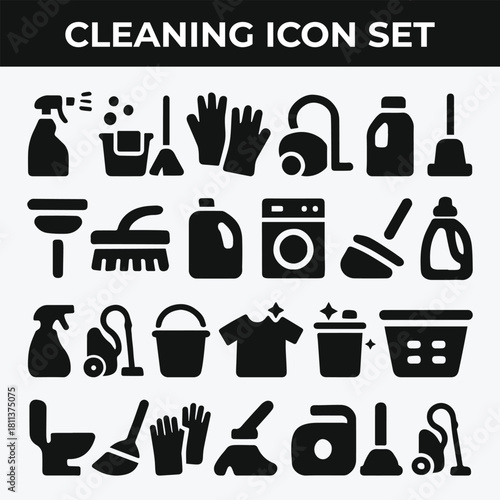 Professional cleaning service silhouette icon set featuring cleaners, janitors, housekeeping tools, mops, brooms, vacuum cleaners, spray bottles, dusting, and sanitation symbols