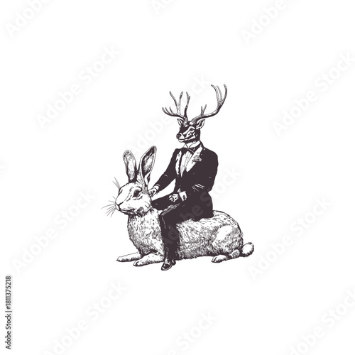 Surreal black and white vintage engraving illustration of an anthropomorphic stag in a full tuxedo, confidently riding a large rabbit or hare