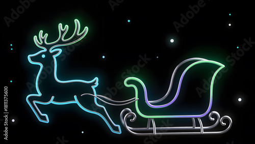 Abstract line art of reindeer and sleigh, glowing neon or metallic aesthetic.