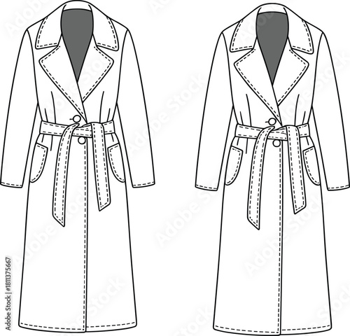 Women’s long trench coat fashion flat sketch with belted waist, large lapels, pocket detailing, technical garment illustration, and minimalist vector design.