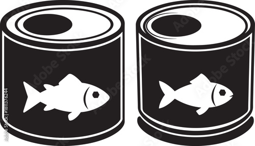 Two canned fish with simple fish icon silhouette