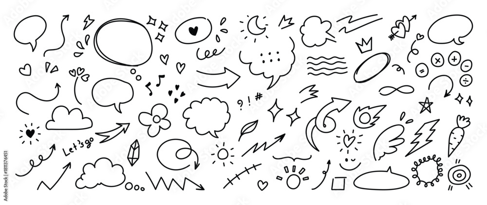 Obraz premium Hand drawn doodle elements vector illustration with speech bubbles, arrows, stars, hearts and decorative lines — playful black line design for stickers, planners and creative projects.