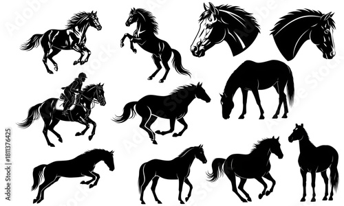 New Collection of Black Horse Silhouettes and Equestrian Vector Graphics, Running, Galloping, and Rearing Stallion Set