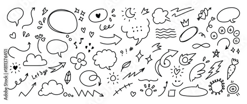 Hand drawn doodle elements vector illustration with speech bubbles, arrows, stars, hearts and decorative lines — playful black line design for stickers, planners and creative projects.