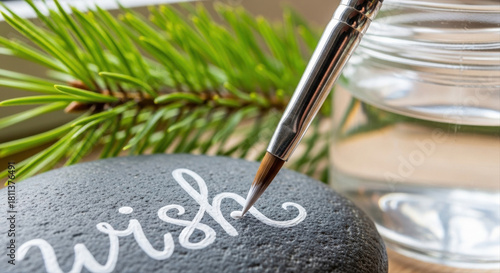 Artistic new year wishing stone painting with brush, featuring elegant calligraphy on smooth black stone, pine branch and glass of water background