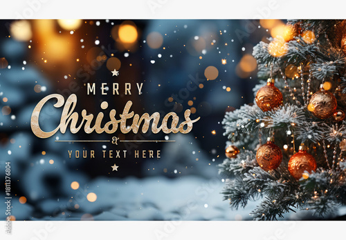 Christmas Card With Tree, Decorations And Snow On Blurry Background Mockup