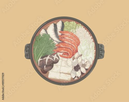 Winter delicious hot pot with fresh shrimp, fish, shellfish, mushrooms, enoki mushrooms, scallions, tofu, and vegetables, steaming hot pot