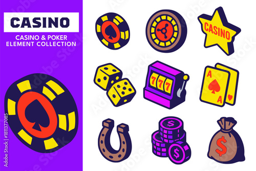 Casino and poker vector set. Gambling playful symbol pack. Set of roulette, aces, money bag, tokens, lucky chips, dice, cards, and slot machine cartoon style