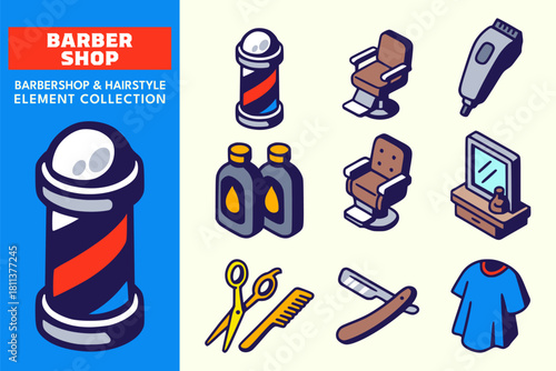 Barbershop tools vector set. Grooming accessory collection. Set of chairs, scissors, trimmer, pole, comb, razor, and mirror cartoon style