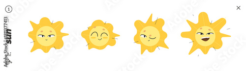Cute Sun Character Set with Four Expressions: Gentle Smile, Joyful Closed-Eye Grin, Playful Wink, and Open-Mouth Happiness. Bright Cartoon Vector Icons For Weather, Kids Design, and Fun Projects.
