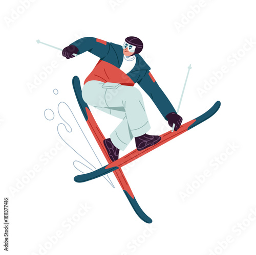 Freestyle skiing. Skier in safety helmet does tricks on snow slope. Sportsman is freeskiing. Winter sport athlete jumps, does stunts on downhill. Flat isolated vector illustration on white background