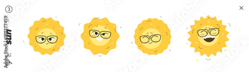 Cute Sun Characters with Four Emotions: Cool Smiling Sun in Glasses, Wide Smile with Teeth, Joyful Closed-Eyes Grin, and Bright Laughing Sun. Cheerful Weather Mascot Vector Illustration.
