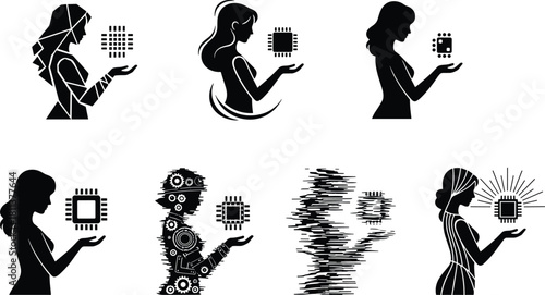 Woman holding microchip, silhouette styles, tech and abstract poses, vector set, editable stroke, professional concept, black and white design