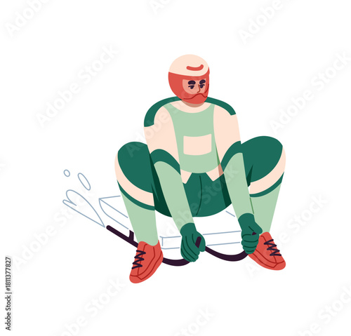 Athlete in safety helmet rides luge sled in competition. Professional luger slides on sleigh on ice in snow race. Bobsleigh, winter sport. Flat isolated vector illustration on white background