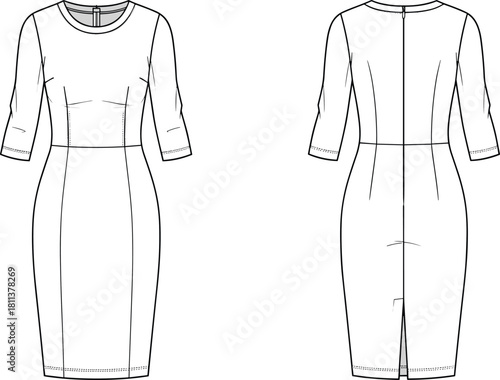 Vector technical flat sketch of women’s fitted midi dress with elbow sleeves, waist seams, clean silhouette, back slit, and minimal classic design.