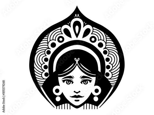 Black and white vector of a traditional Russian kokoshnik headdress, ornamental folk art silhouette ideal for Slavic costume design, cultural decor, tattoo or logo use. Woman in kokoshnik icon stencil
