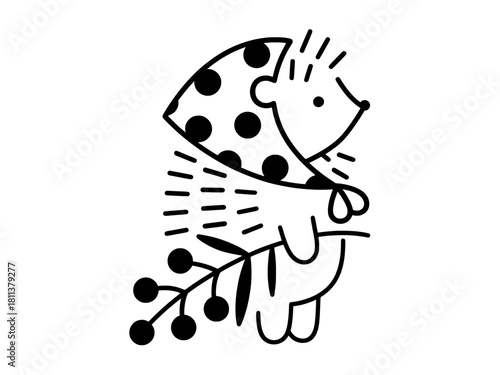 Minimal black-and-white hedgehog illustration wearing a polka-dot headscarf and holding a berry branch. Scandinavian folk-style line art for nursery decor, coloring pages, stickers.