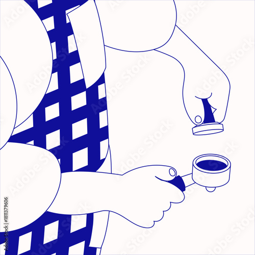 Barista Tamping Fresh Coffee Grounds – Minimal Line Art Illustration