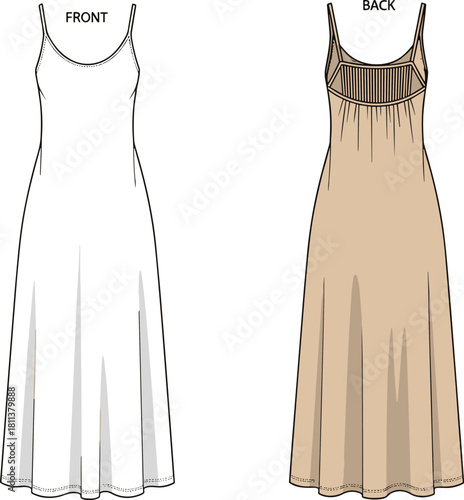 Women’s sleeveless maxi dress fashion flat sketch with spaghetti straps, flared hem and detailed back yoke, apparel vector for garment design and production