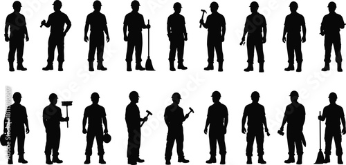 Worker silhouette collection, construction builders and janitors in hard hats, men holding hammer, broom, and tools, manual labor vector icon set, isolated on white.