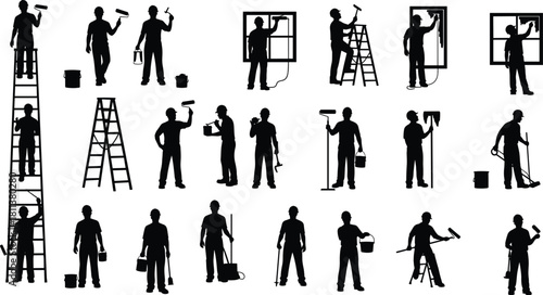 Worker silhouette collection, painter and window cleaner icons, man on ladder, holding paint roller, brush, and bucket, house painting vector set, isolated.