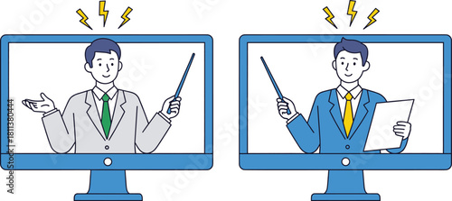 Modern Vector Illustration of Business Instructors Providing Interactive Online Training, Utilizing Computer Screens and Pointers for Remote Teaching and Knowledge Transfer.