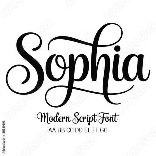 Sophia modern script font with alphabet examples calligraphy