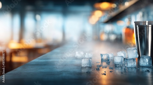Wallpaper Mural A sleek bar counter with scattered ice cubes, a cocktail shaker, and a blurred background, creating a refreshing and inviting atmosphere. Torontodigital.ca