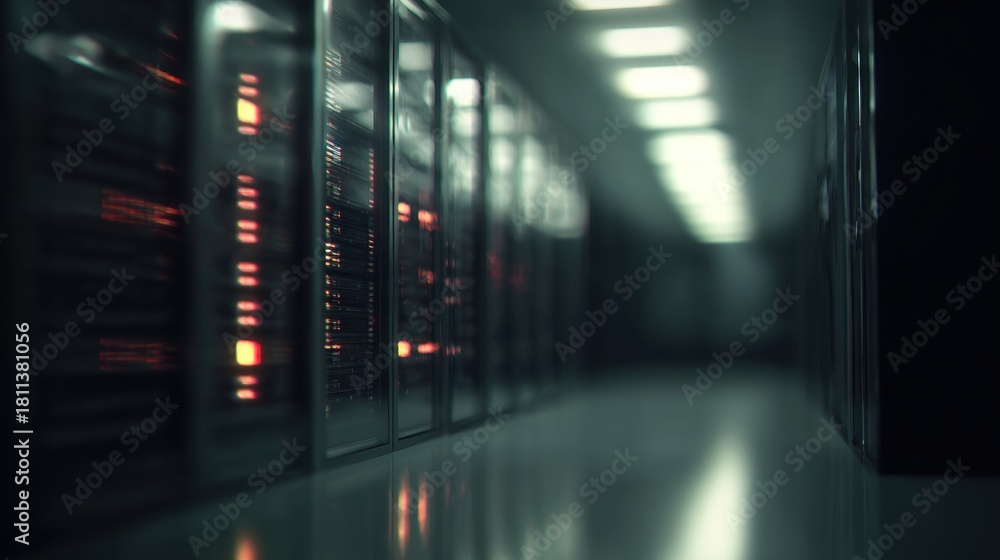 Fototapeta premium A dimly lit corridor lined with server racks, highlighting a modern data center environment filled with glowing lights.