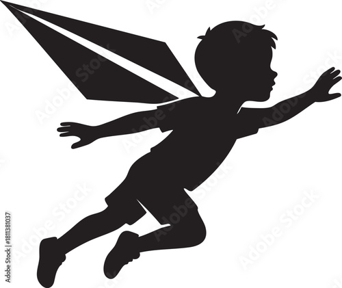 Boy flying with paper airplane wings silhouette vector