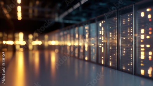 A close-up view of illuminated server racks in a data center, showcasing a modern technological environment.