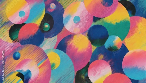 Abstract artwork, overlapping colorful circles with varying hues, textures, and sizes on a light background