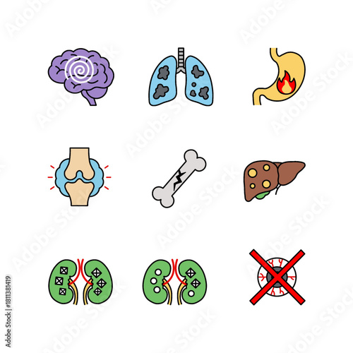 set of unhealthy human organ icons. collection of medical disease symbols including lungs, brain, stomach, liver, kidney, bone and eye. healthcare vector illustration.