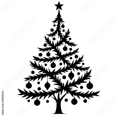 Christmas Tree Ornament Silhouette: A classic, festive silhouette of a decorated Christmas tree, a timeless symbol of holiday joy, filled with ornaments and topped with a shining star.
