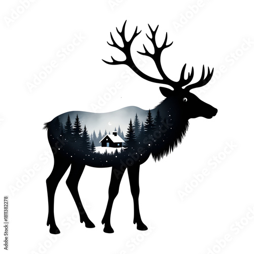 Silhouette of a Reindeer and Winter Landscape: A captivating silhouette of a reindeer, with its majestic antlers, unveils a serene winter landscape encapsulated within its form.