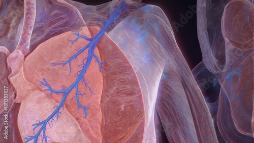 Detailed 3D rendering of human respiratory system, showing lungs and airways with transparent skin