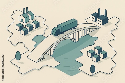 Wallpaper Mural Logistics infrastructure with a truck crossing a bridge over water surrounded by industrial buildings and cargo boxes indicating transportation progress and economic connectivity Torontodigital.ca